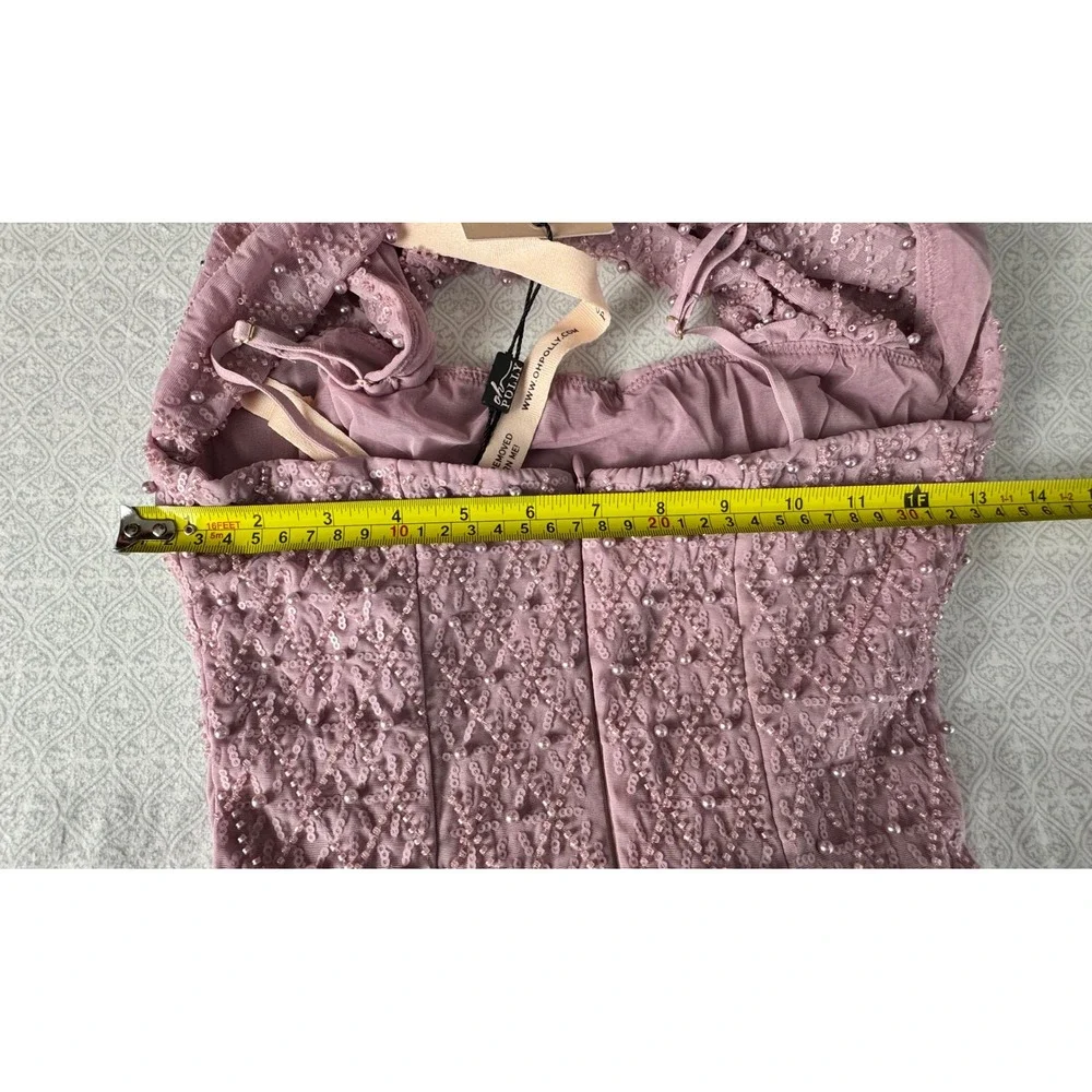 Oh Polly Mauve Beaded Sequin Midi Dress Square Neck Side Slit Purple US 4 NEW - Picture 6 of 9